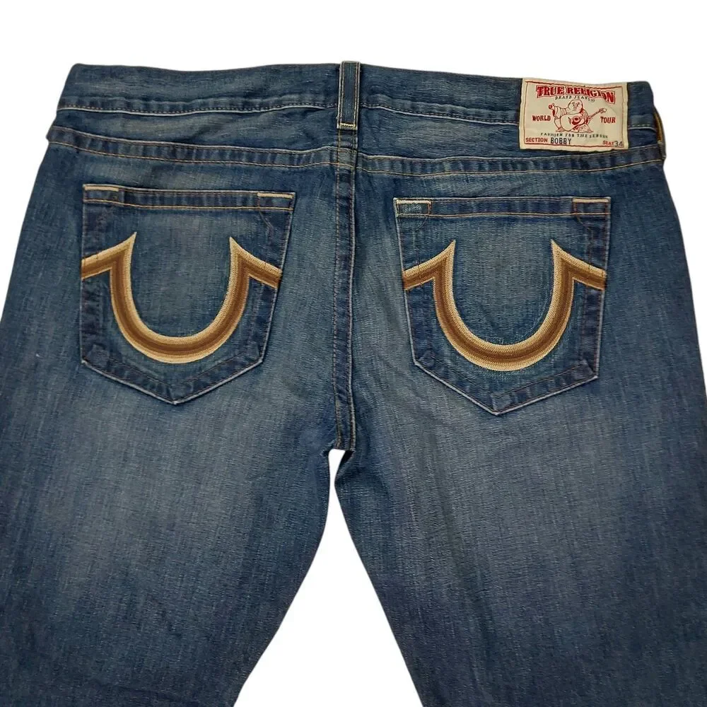 True Religion Bobby Jeans Mens 42x32 Blue Straight Leg Embroidered Retro Y2K